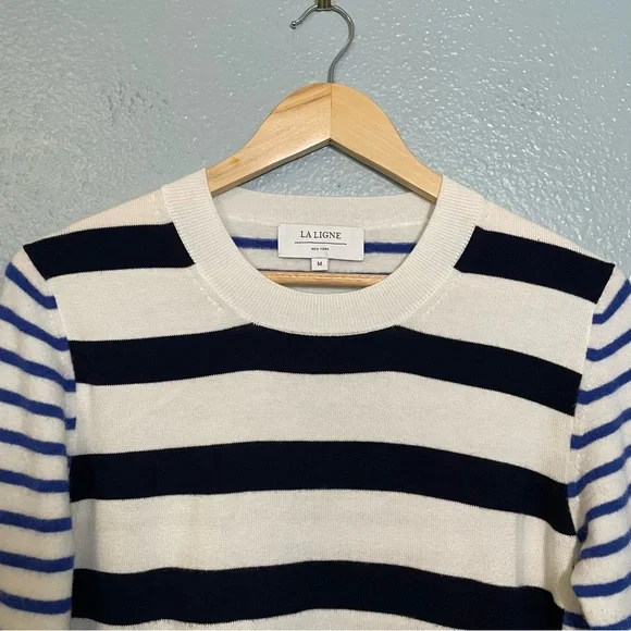 La Ligne Bold Navy Stripe Fuzzy Crewneck Pullover Sweater - Picture 4 of 12
